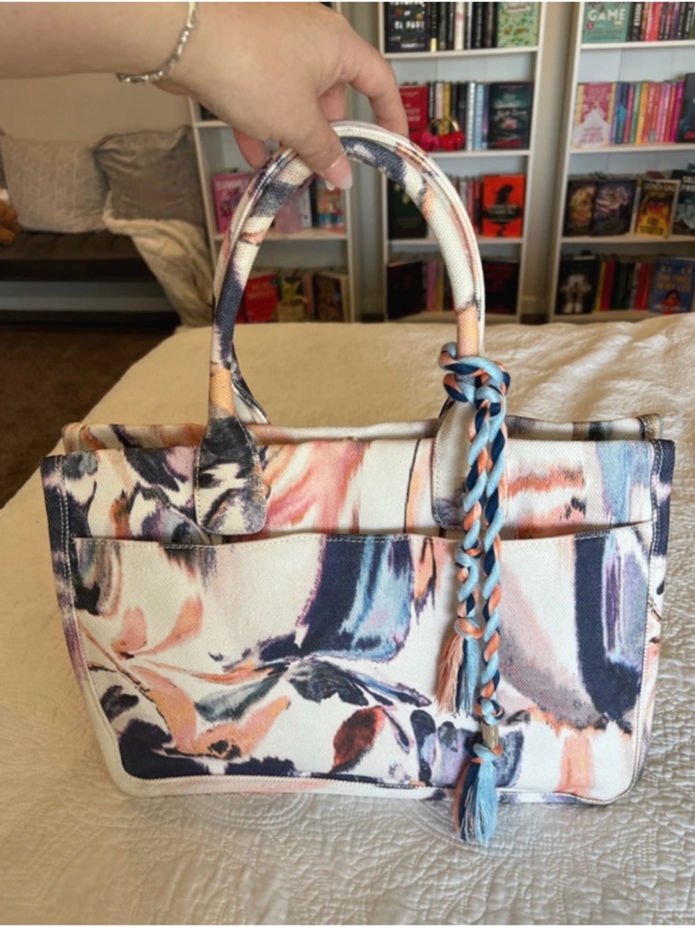Vince Camuto Peach, Navy & Cream Floral Canvas Tote with Braided Tassel